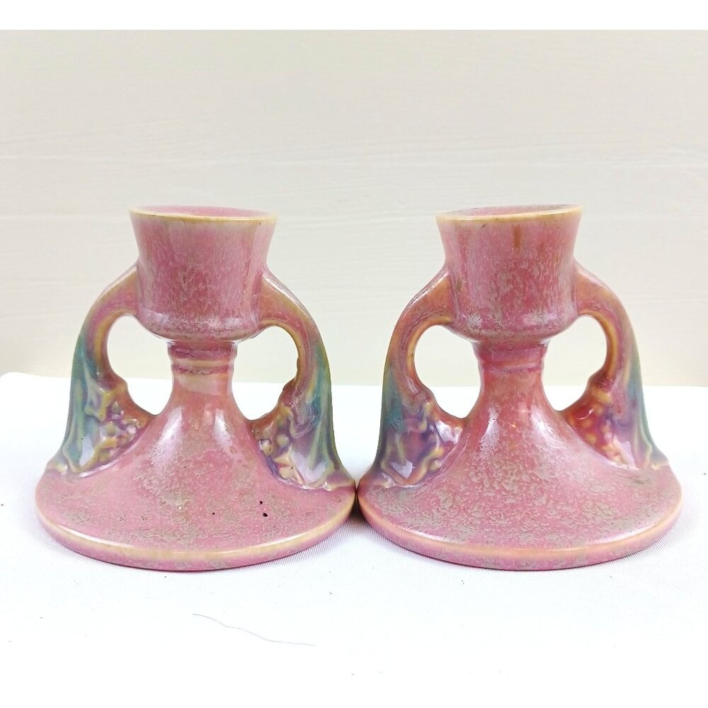 Pair Of Roseville Pottery Pink Lustre Double-Handled Candle Holders 4" Tall Vint